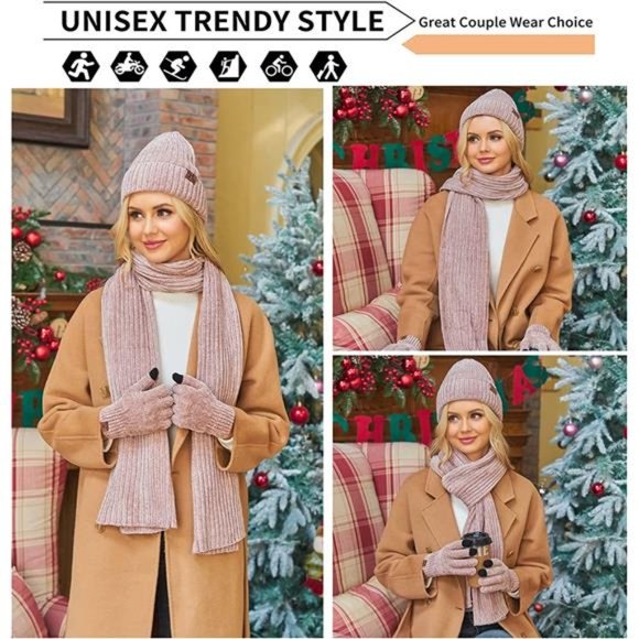 Womens Winter Knit Warm Hat Beanie+Long Scarf+Touch Screen Gloves Set - Picture 4 of 6
